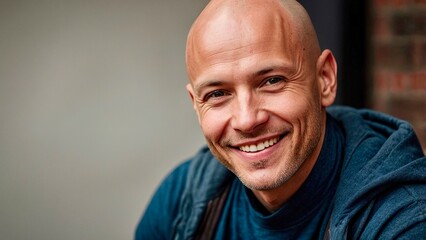 Fototapeta premium A bald man smiles warmly in a well-lit indoor setting, showcasing joy and approachability during a casual moment