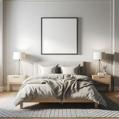 a bedroom with a bed a painting and a frame hanging above it