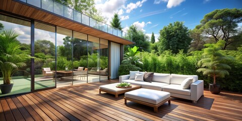 Fototapeta premium Modern Patio with Wooden Deck and Lush Greenery, deck , patio , furniture , design
