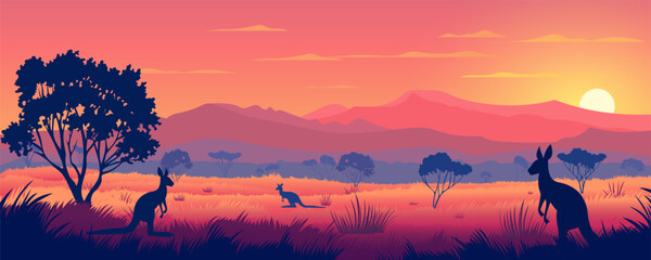 Beautiful Australian landscape with kangaroos at sunset. Vector illustration of amazing wild nature of Australian savannah, kangaroos, mountains, trees and amazing sunset. Australian Safari Park.  © LoveSan