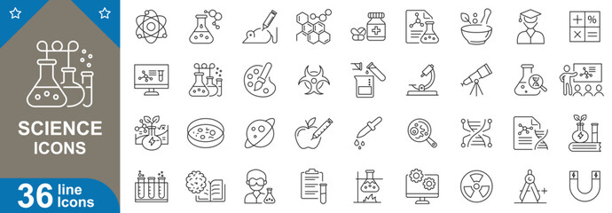 Science icons set. Microscope, atom, DNA, molecule, telescope, physics, scientific experiment and more. vector illustration.