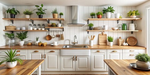 Fototapeta premium Modern Farmhouse Kitchen with Open Shelving and Greenery, white cabinets, farmhouse, kitchen decor, open shelving
