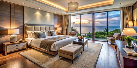 Naklejka premium Modern Bedroom with Ocean View and Minimalist Design, Interior Design, Minimalist, Ocean View, Bedroom Design