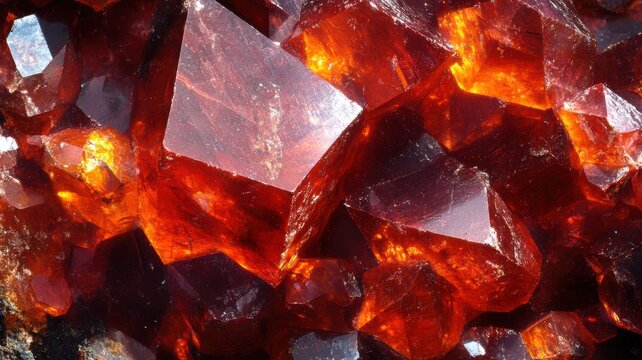 Zincite surface in extreme close-up, highlighting its vibrant color transitions from deep red to bright orange with intricate crystal formations.