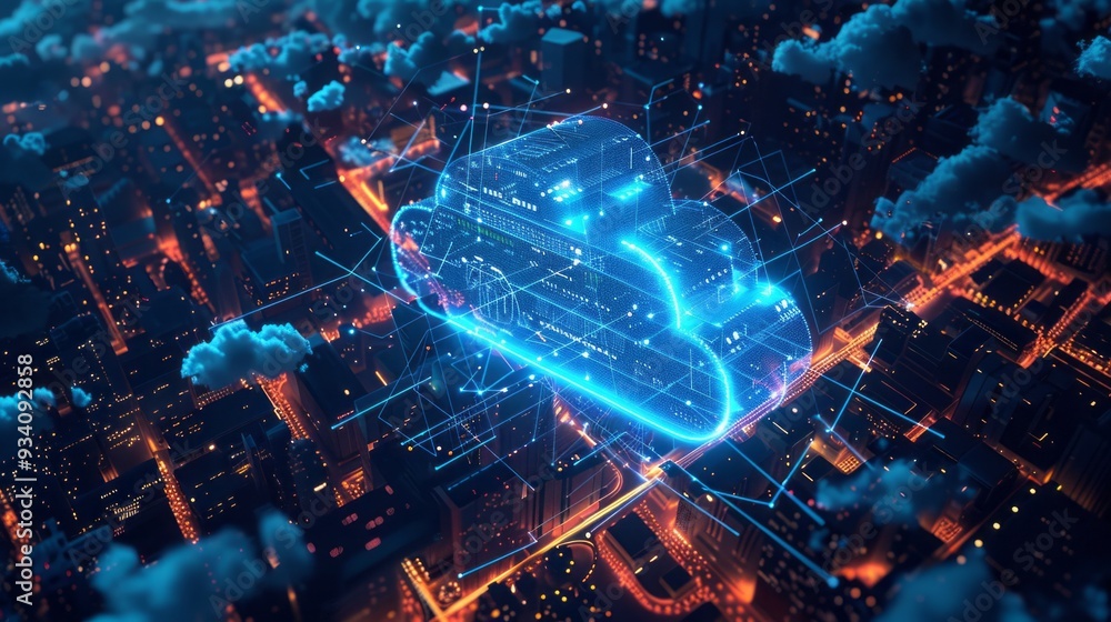 Poster a luminous cloud of data streams hovers over a bustling city, intertwining with the bright lights of
