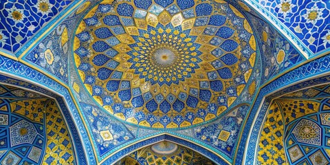 Fototapeta premium Islamic Architecture Blue and Gold Dome Mosaic, Uzbekistan, Ceiling, Interior, Persian Art , Uzbekistan , Mosaic