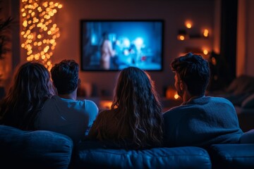 Group best friends sitting at home on pleasant evening and watching a comedy movie .Watching late night show, Generative AI