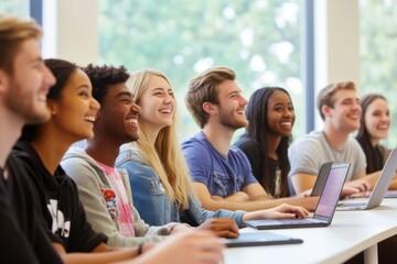 Diverse group of students smiling and engaged in a classroom setting with natural light and laptops.