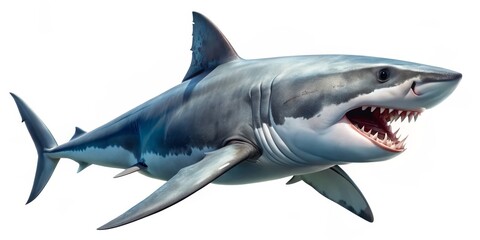 Naklejka premium Great White Shark with Open Mouth, Digital 3D Render, White Background, Predator, Ocean, Jaws, Teeth