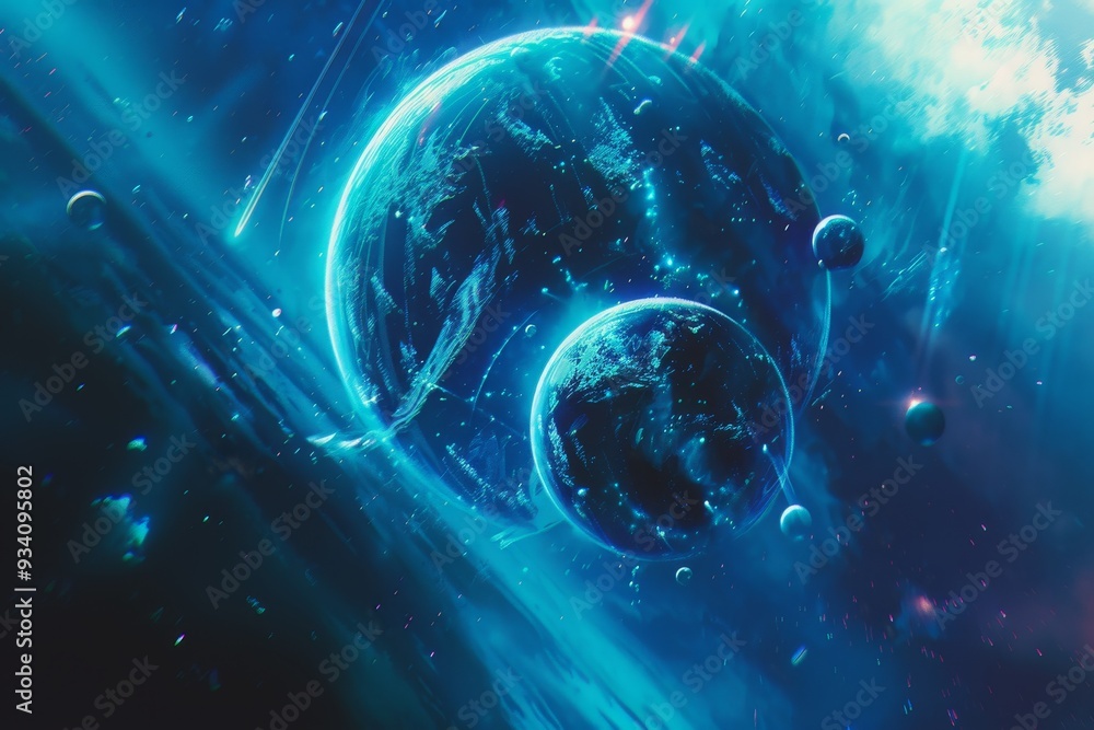 Aufkleber blue planet with star in the background, cosmic ballet of planets in orbit, surrounded by an aurora 