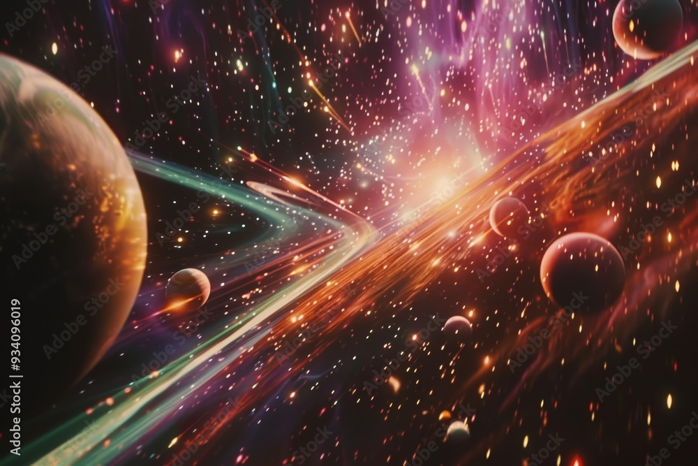 Poster blue planet with star in the background, cosmic ballet of planets in orbit, surrounded by an aurora 