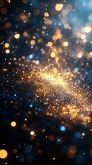 Obraz premium Golden specks dance gracefully in a vivid blue void, creating a breathtaking spectacle that enchants the senses with its radiant glow and mystical allure