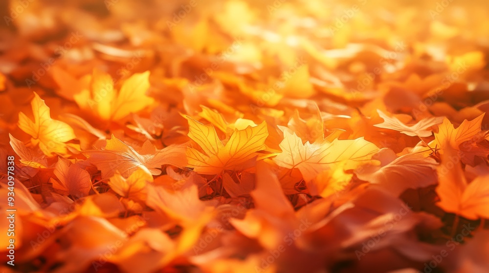 Poster a dense cluster of orange autumn leaves illuminated by golden hour light, creating a glowing effect