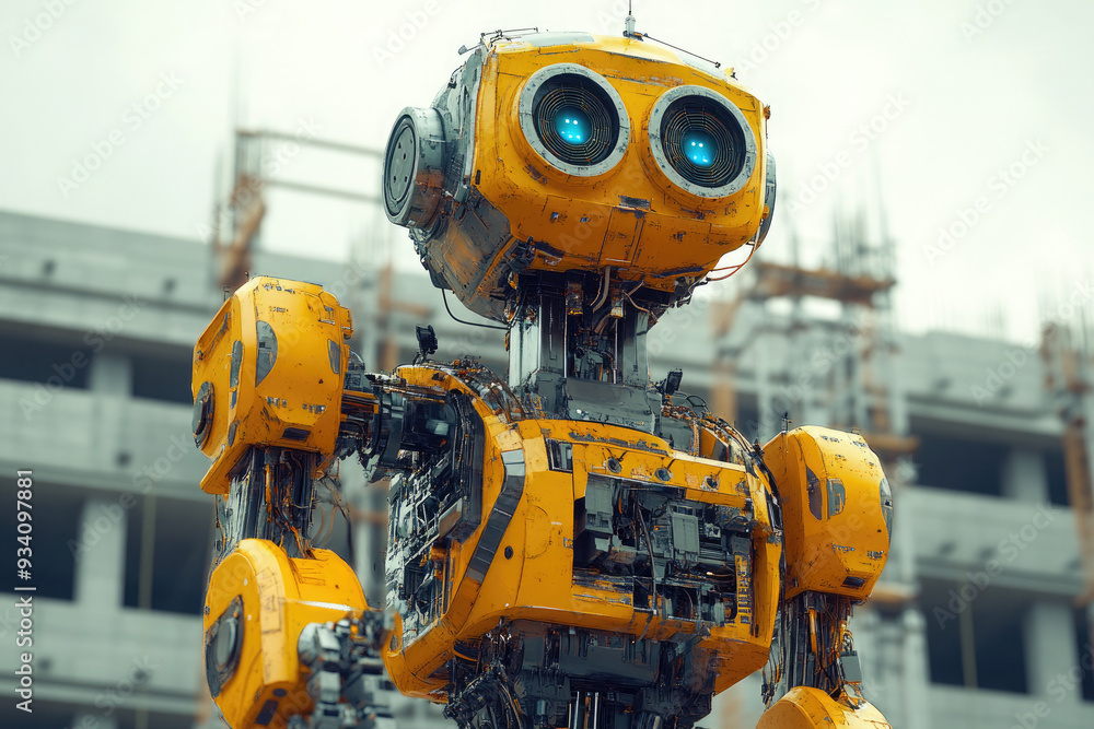 Poster futuristic robot is assisting construction workers at a building site, showcasing the integration of