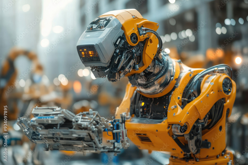 Poster futuristic robot is assisting construction workers at a building site, showcasing the integration of