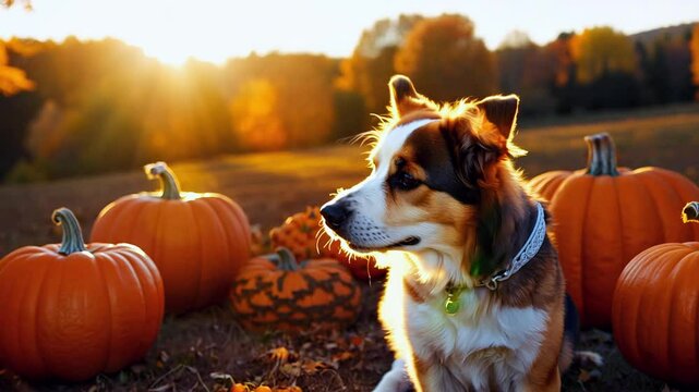 Beautiful brown white dog in autumn pumpkin patch during sunset