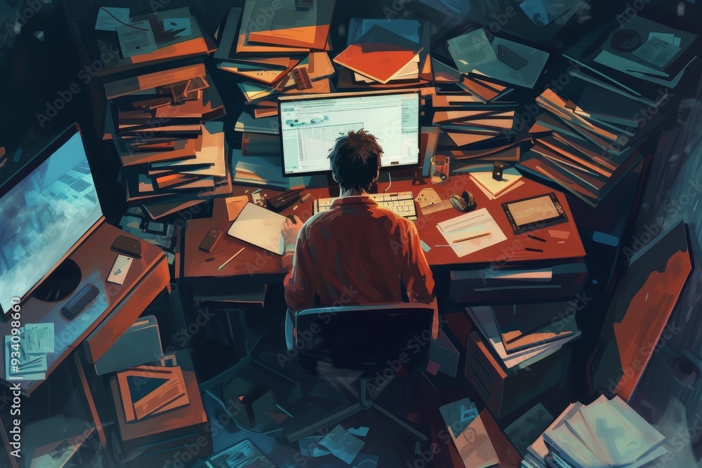Poster painting of messy office with desk and chair, digital declutter challenge minimizes distractions and