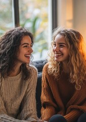 two woman friends talking having conversation sitting on sofa at home, Generative AI