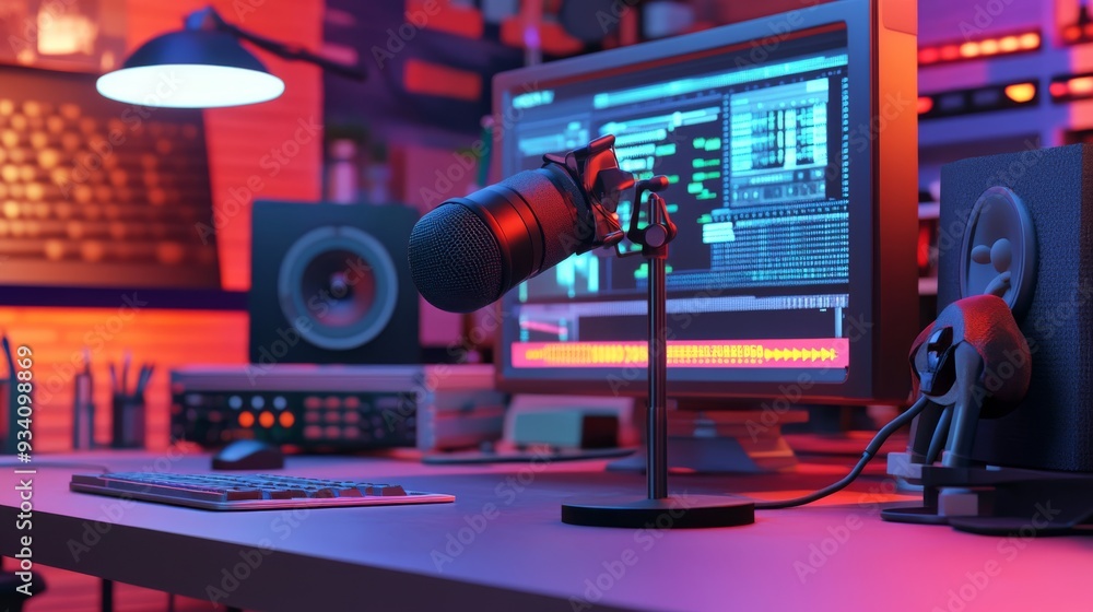 Poster A minimalist broadcast studio with an on-air display, featuring a microphone on a stand, a simple desk setup, and modern lighting in a controlled environment.