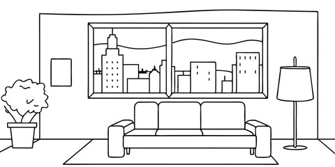 A drawing of a living room with a view of a city vector illustration