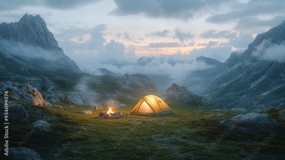 Poster a panoramic view of a mountain camping site with a cozy tent set up on a grassy clearing, surrounded