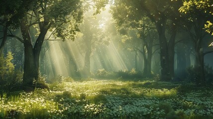 Obraz premium Sunbeams Through a Forest Clearing.