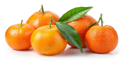 Four Ripe Mandarin Oranges with Green Leaves, White Background, Close-Up, Fresh, Citrus Fruit, Mandarin, Orange