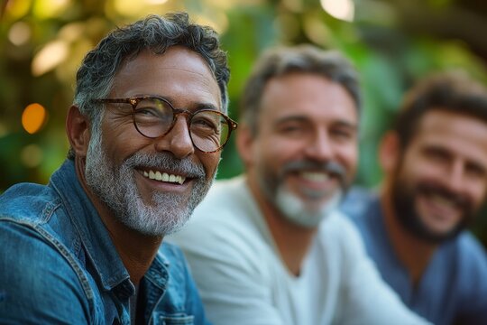 Mature Male Friends Socializing In Backyard Together, Generative AI