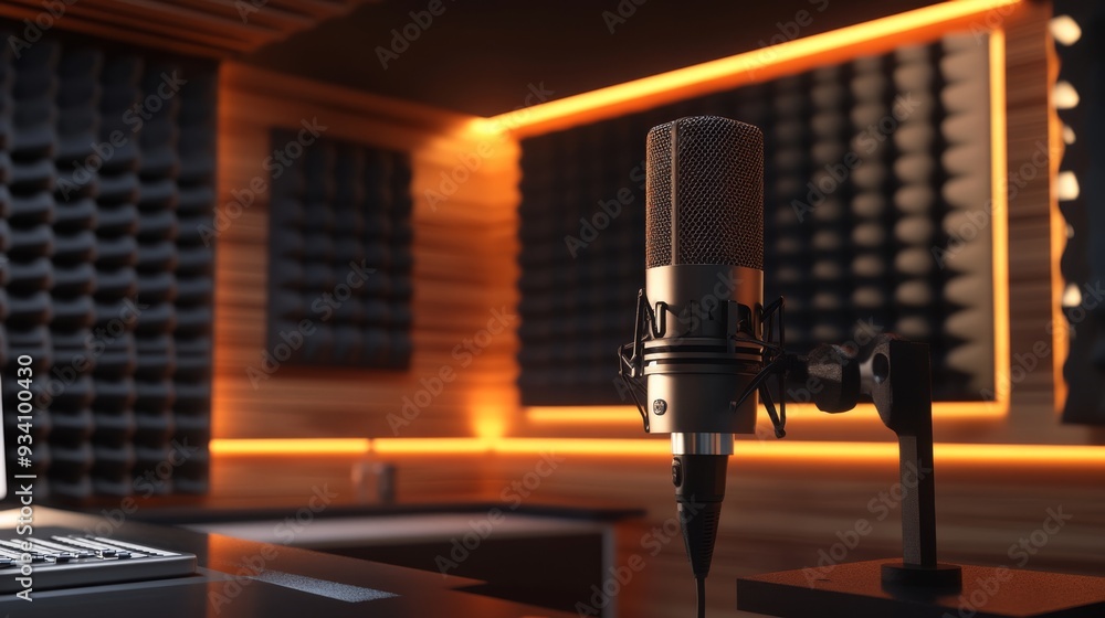Poster a sophisticated on-air studio setup with a clearly visible sign, featuring a professional-grade micr