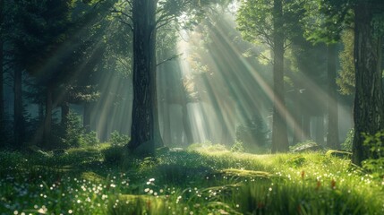 Obraz premium Sunbeams Through Forest Trees.