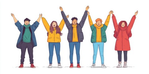 Obraz premium Group of friends stands with raised arms. Colour line drawing illustration, Generative AI