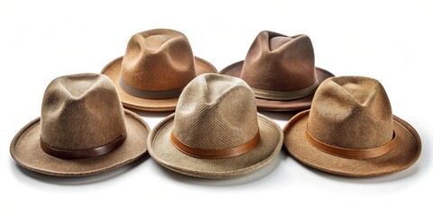 Five Brown Hats on White Background, hat , fedora , accessories , fashion , style