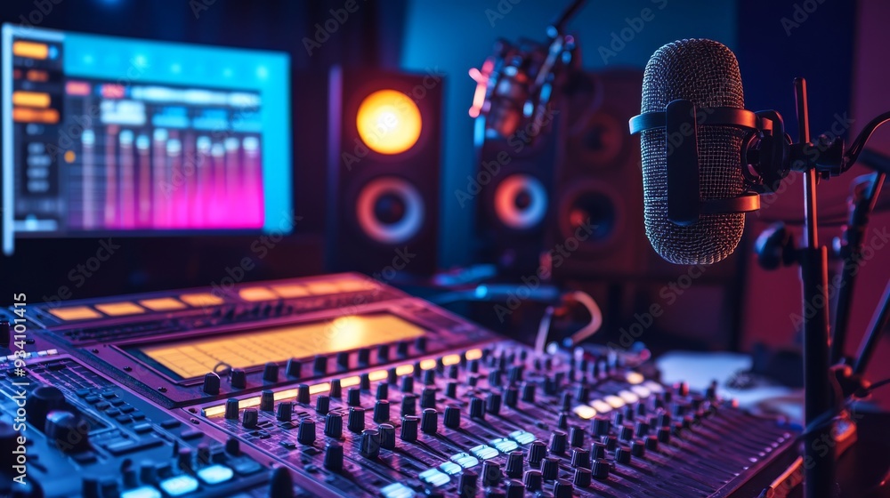 Poster a vibrant studio setting with an on-air indicator, surrounded by studio lights, a large soundboard, 