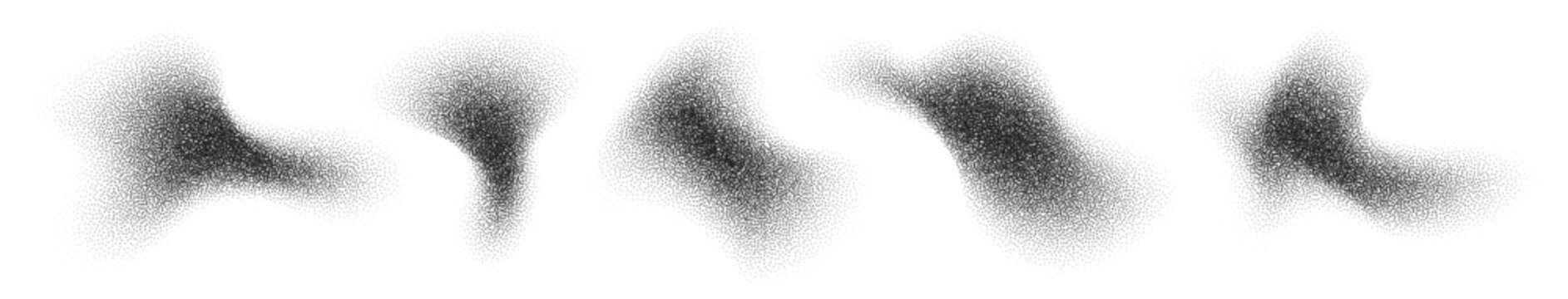 Fluid halftone shapes, abstract liquid stipple forms, black splatter shadows isolated on white. Vector design element.