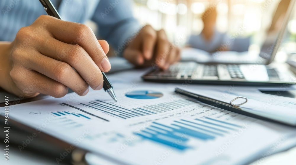 Poster accountant's hands working with a ledger and a set of financial documents on a desk.