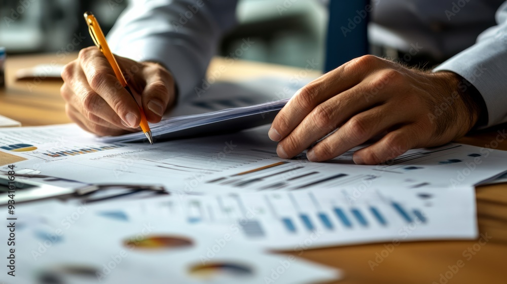 Poster accountant's hands working with a ledger and a set of financial documents on a desk.