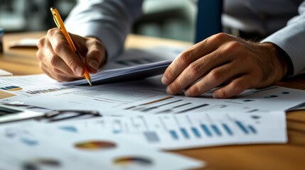 Accountant's hands working with a ledger and a set of financial documents on a desk.
