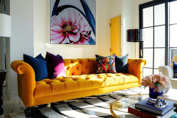 Liven up your space with this vibrant living room featuring a chic yellow couch