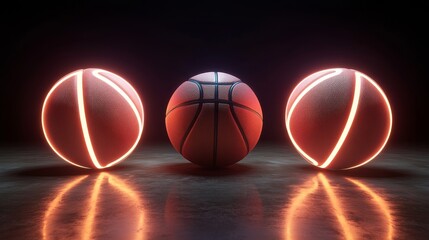 Fototapeta premium A visually striking image of three basketballs illuminated with neon accents, showcasing a dynamic sports theme.