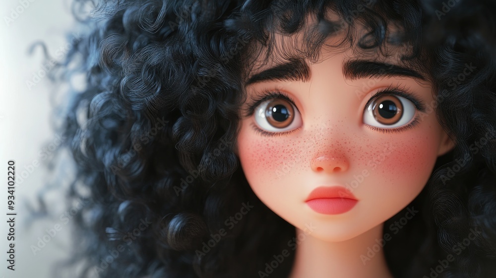 Poster 3d cartoon sadness concept charming curly haired girl on light background