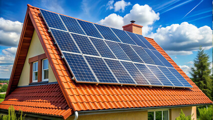Fototapeta premium Solarpanels installed on rooftops green energy concept for residential housing 