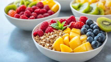 Assorted fresh fruits and granola in bowls