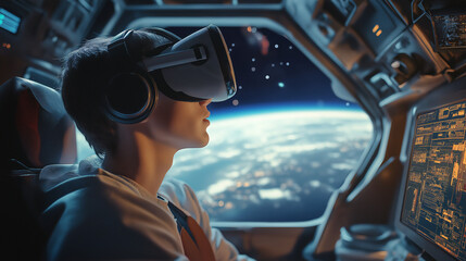 Naklejka premium A man is playing a VR game, wearing a virtual reality headset. The game's scenario is set on a space station in the vast expanse of outer space.