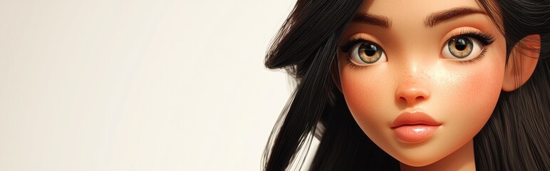 Naklejka premium 3D Cartoon Woman s Face Portrait Standing Out on Neutral Background Charming Female Character Posing in Studio