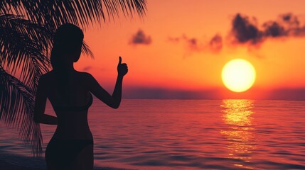 3D cartoon woman silhouette giving a thumbs up at a sunset beach