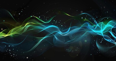 Fototapeta premium A vibrant abstract design featuring flowing waves of blue and green colors against a dark background, evoking a sense of motion.