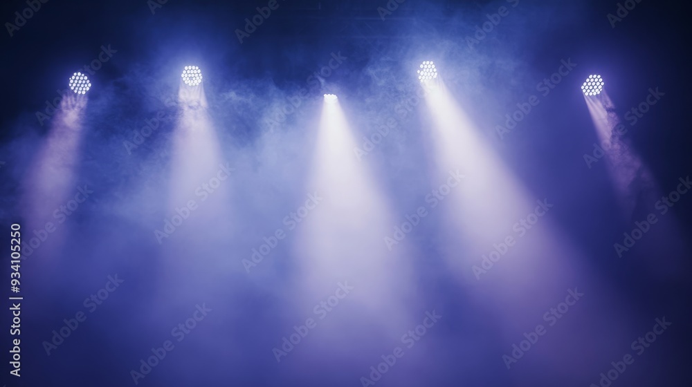 Poster bright stage lights shining through a foggy haze, illuminating the scene and adding a mystical ambia