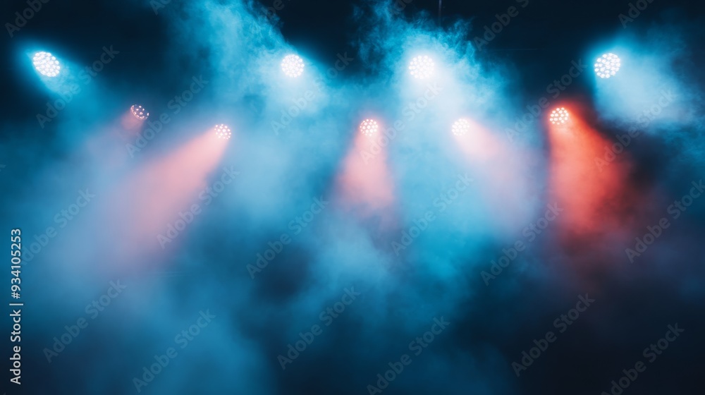 Poster bright stage lights shining through a foggy haze, illuminating the scene and adding a mystical ambia