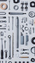 Obraz premium An array of locksmith tools neatly arranged on a light solid color background, showcasing the profession's essentials
