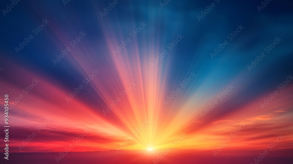 Poster brilliant rays of the setting sun illuminating a dramatic sky with gradient colors from deep blue to